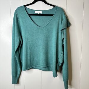 John + Jenn Anthropologie Size M Teal Wool Blend Side Ruffle V Neck Sweater
